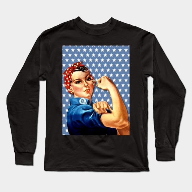 Rosie the Riveter- USA Starred on Blue background pattern Design Long Sleeve T-Shirt by best-vibes-only